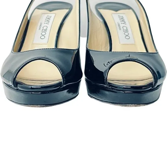 JIMMY CHOO Nova Patent Peep Toe Slingback 100mm Platform Sandal Pumps + Box - Picture 7 of 16